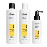 Professzionális törésgátló termékekszett természetes, enyhén ritkuló megjelenésű hajhoz - Nioxin System 1 Scalp + Hair Kit, 300 ml + 300 ml + 100 ml