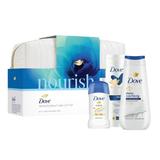 Ajándékcsomag Dove Nourish Favorites Beauty Bag Gift Set - Tusfürdő Advanced Care Deeply Nourishing Shower Gel, 225 ml + Testápoló Tej Body Love Essential Care Body Milk, 250 ml + Dezodor Stick Original, 40 ml